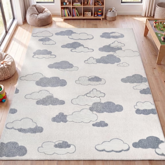 JONATHAN Y SCN105C-5 Hedwig High-Low Youth Cloud Scandi Ivory/Blue 5 ft. x 8 ft. Indoor/Outdoor Area Rug