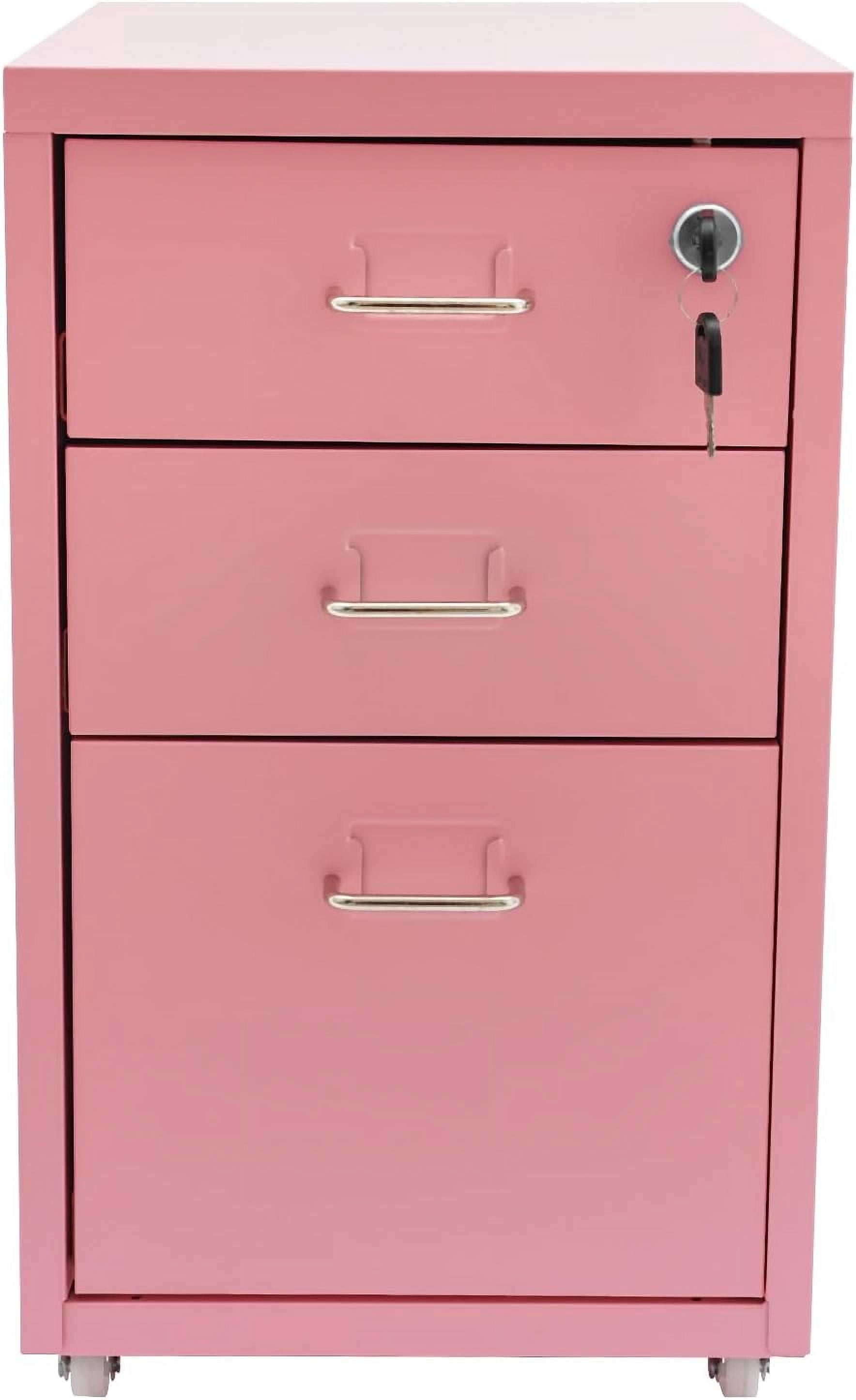 3 Drawer Pikn File Cabinet, Metal Filing Cabinets with Lock, Pink Vertical Filing Cabinet Under Desk for Home Office, Heavy Duty Metal Storage Cabinet for A4/Letter/Legal Size File