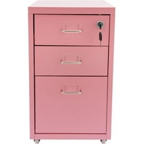 3-Drawer Vertical File Cabinet, 18 Inch High Metal Mobile File Cabinet with Lock & Wheels, Filing Cabinet Under Desk for Office, Home (Pink)