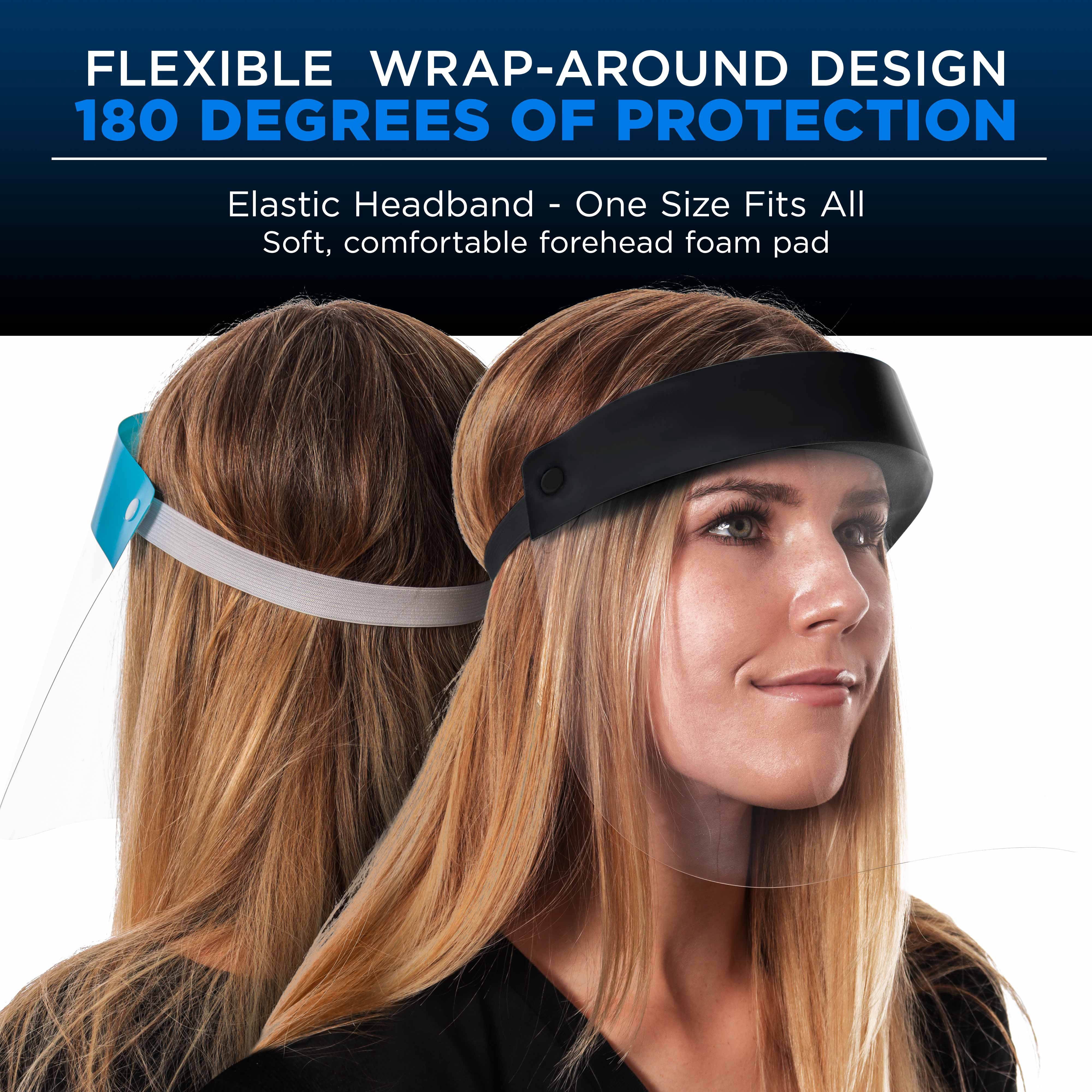 Salon World Safety Face Shields (100-Black & 100 Blue) - Ultra Clear Protective Full Face Shields to Protect Eyes, Nose and Mouth - Anti-Fog PET Plastic, Elastic Headband - Sanitary Droplet Guard