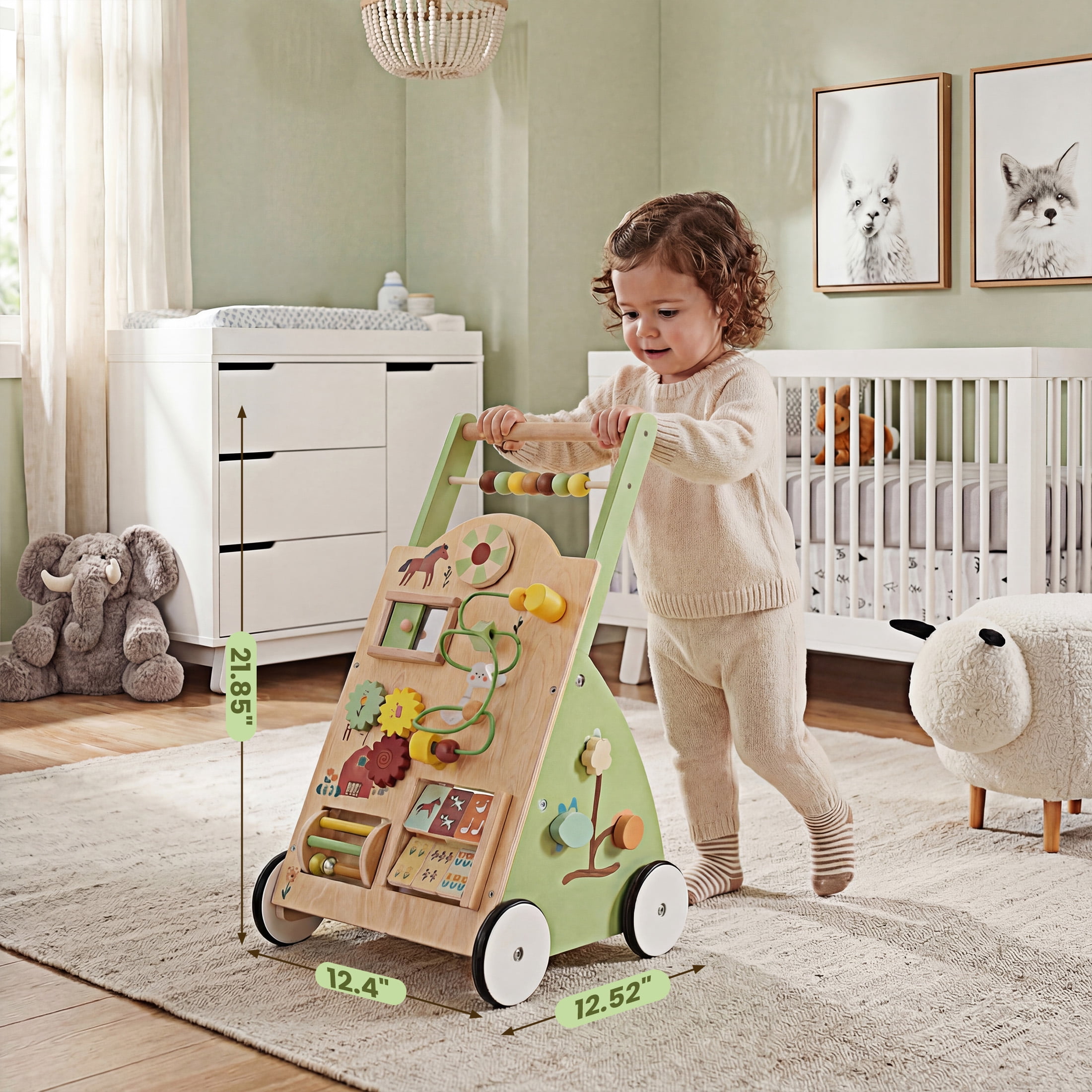 EDX Wooden Baby Walker, Adjustable Speed Montessori Learning Toy with Activity Center, Silent Rubber Wheels for Babies 12 Months, Green