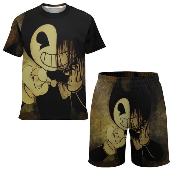 Bendy And The Ink Machine Boys Girls Short Sleeve Mesh T-Shirt And Shorts Outfit Set Summer Clothes Set for Kids