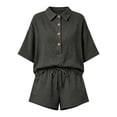 thumbnail image 4 of Cagogo Women's 2 Piece Shorts Set Casual Summer Cruise Outfits Drawstring Waist Shorts Loose Short Sleeve Collared Shirt Solid Boho Streetwear Matching Lounge Sets Travel Airport Clothes, Dark Gray S, 4 of 6