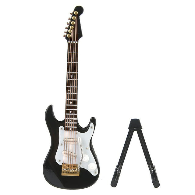14cm Mini Wooden Electric Guitar Delicate Decoration Model Collection with Stand (Black)