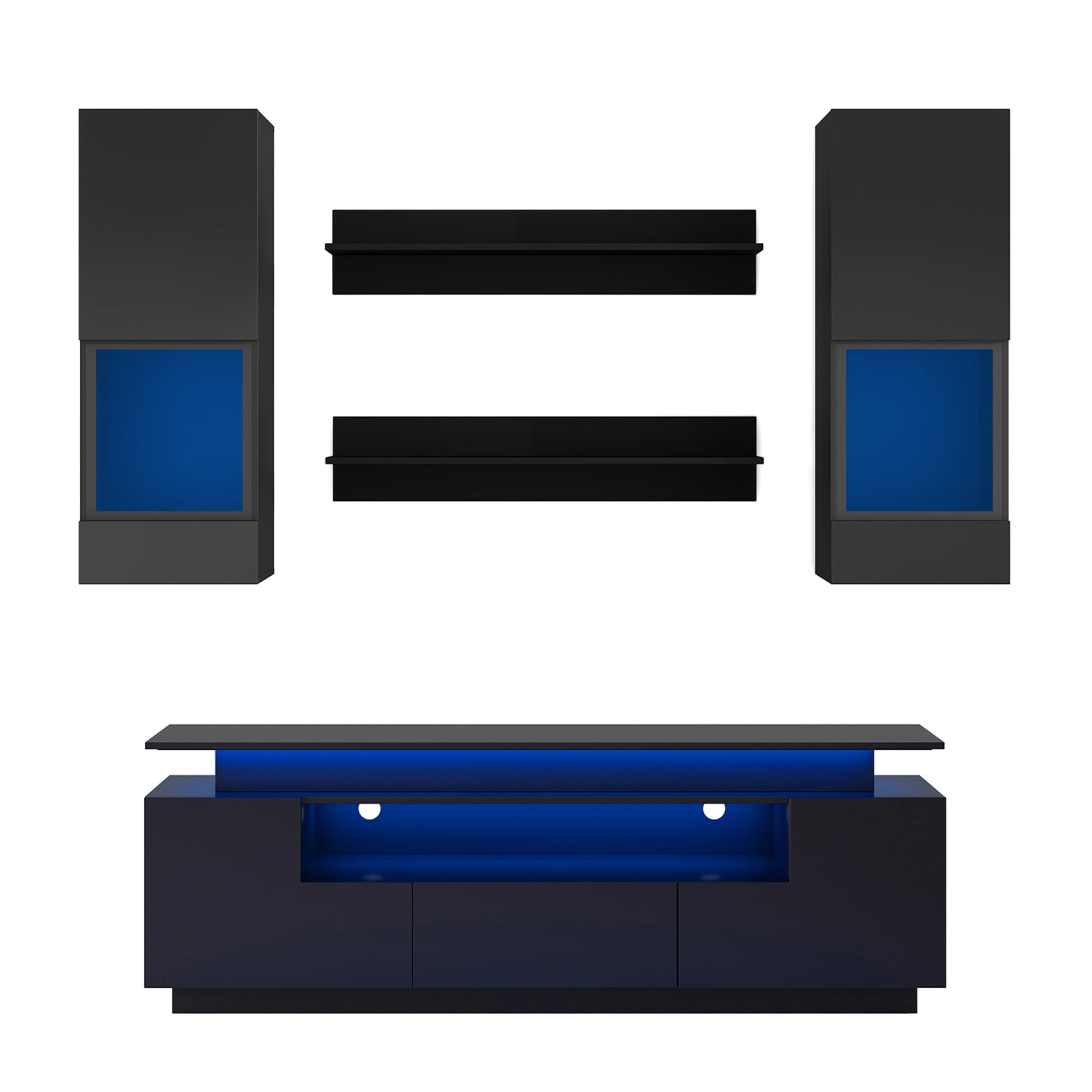 Kadyn 5 Pieces Floating TV Cabinet Set, High Gloss Wall Mounted Entertainment Center with 16-color LED Light, TV Stand Console for 75+ inch TV, Black Kadyn 5 Pieces Floating TV Cabinet Set, High Gloss Wall Mounted Entertainment Center with 16-color LED Light, TV Stand Console for 75+ inch TV, Black
