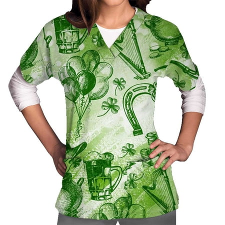 

CYMMPU Women s V-Neck Pocketed Scrub_Tops Nurse Workwear Uniform Clearance Tops Summer Tees Short Sleeve Shirts Trendy St. Patrick s Day Tunic Green Clover Graphic Fashion Tshirts Army Green XL