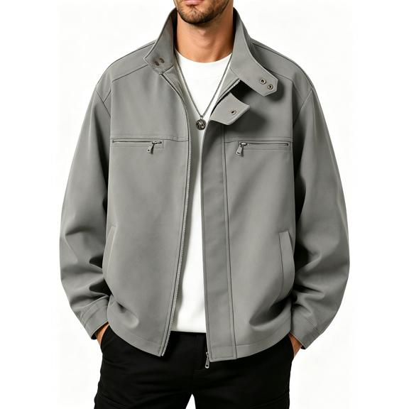 Atkumj Bomber Jacket Men with Pockets Stylish Suede Stand Collar Mens Leather Jacket Casual Solid Color Long Sleeve Zip Up Jacket for Outdoor Daily Activities M