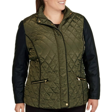 Women's Plus-Size Quilted Jacket With Faux Leather Sleeves - Walmart.com