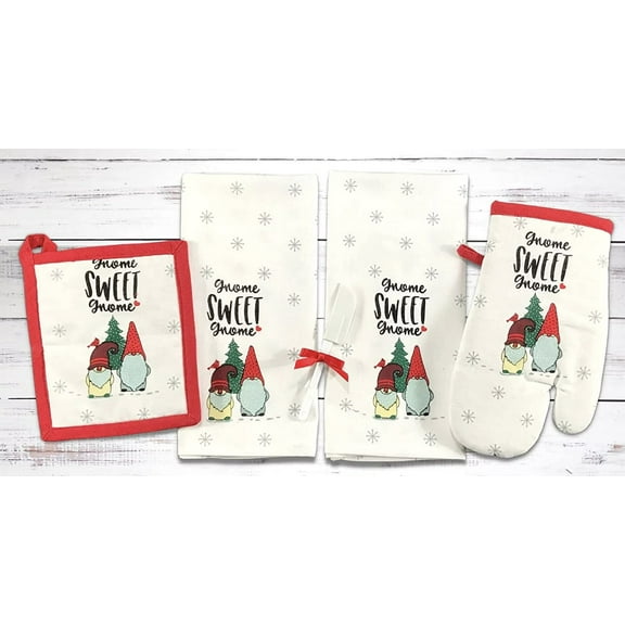 Serafina Home Christmas Gnomes Kitchen Towel Pot Holder Oven Mitt Set: Gnome Sweet Gnome for The Holidays and Winter Fun