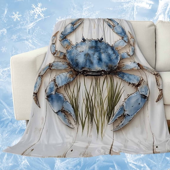 Blue Crab Coastal Cooling Blanket, Lightweight Breathable Summer Throw Blanket with Double Sided Cold Effect,Vintage Beach Nautical Coral Sea Picnic Beach Blankets Bed Sheet for Hot Sleepers 60"x80"