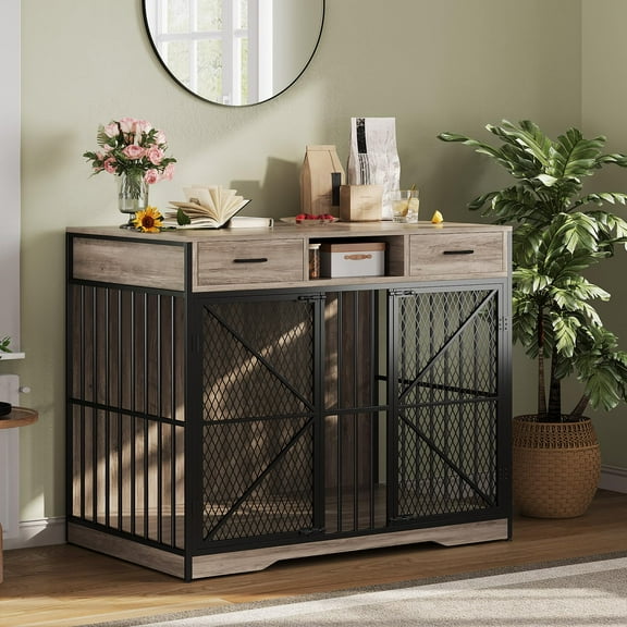 Huisuilinss Dog Crate Furniture With Drawers,Dog Kennel Indoor,Wood Dog Cage With Open Compartment & Double Doors,Dog House End Table For Small Medium Large Breeds