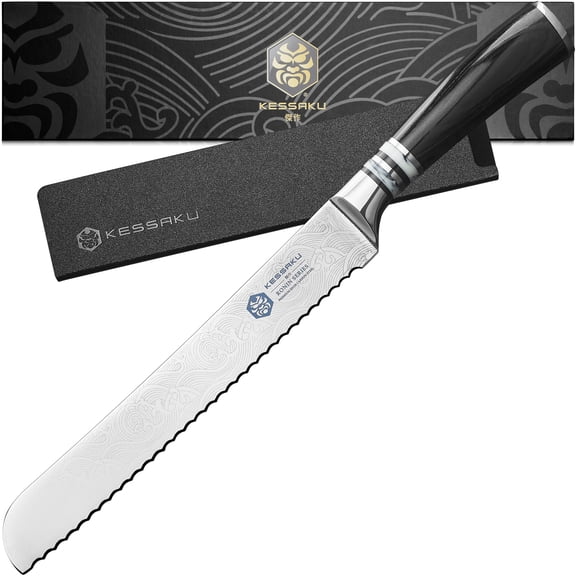 Kessaku Serrated Bread Knife - 8 inch - Ronin Series - Razor Sharp Kitchen Knife - Forged 7Cr17MoV High Carbon Stainless Steel - Wood Handle with Blade Guard