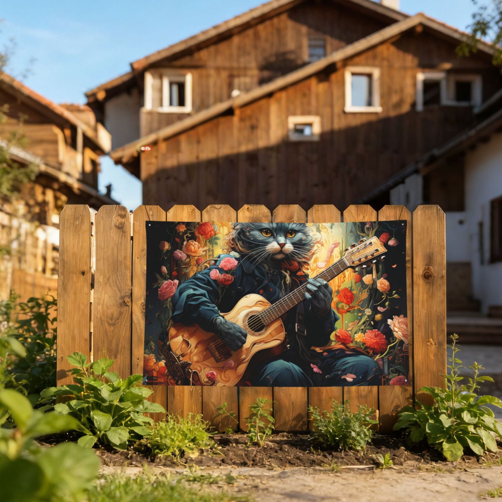 Cat Playing Guitar Flowers Art Four Hole Decorated Banner Flag for Garden Yard Home Decoration Indoor Outdoor 4x6 Ft