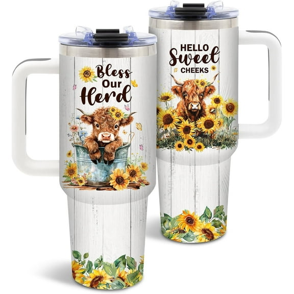 Highland Cow Gifts, Cute Highland Cow Tumbler 40 Oz, Christmas Thanksgiving Birthday Gifts for Cows Lovers Women Girls Mom, Sunflower Cows Print, 1PCS