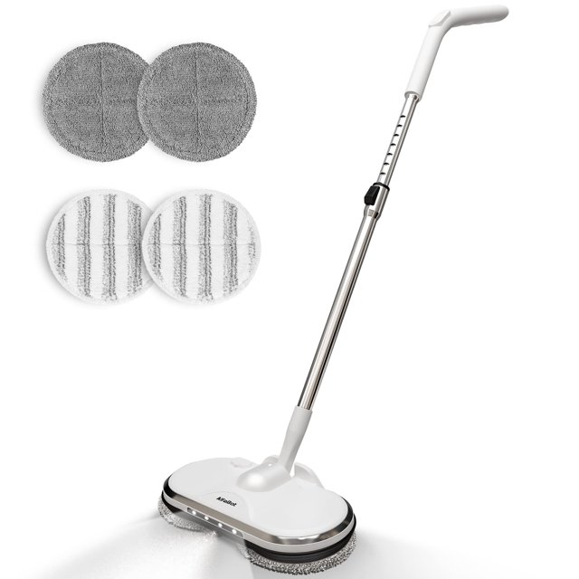 fregona eléctrica inalámbrica alfabot ws-24 para limpieza de pisos mopa blanca y plata con mango telescópico ajustable; base con doble cabezal giratorio, luces LED frontales y depósito de agua integrado, acompañada de cuatro almohadillas de microfibra reemplazables; diseño ligero y uso inalámbrico, apta para suelos duros, madera y baldosas; a menudo usada también para limpiar debajo de muebles.