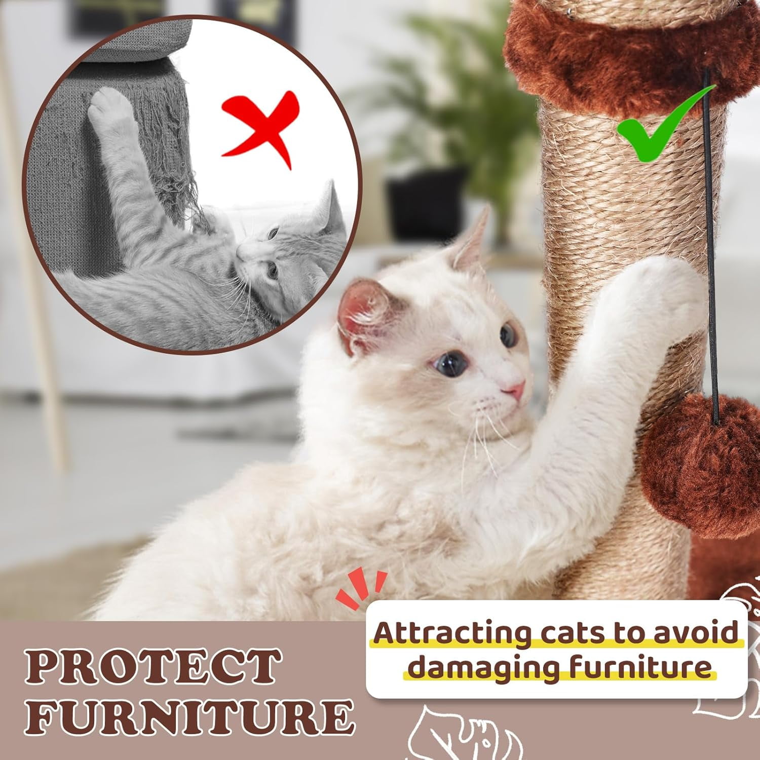Cat Scratching Post for Indoor Cats,33.5” H Sisal Scratching Post for Kitten & Large Cat, Cat Scratch Post with Spring Ball,Brown