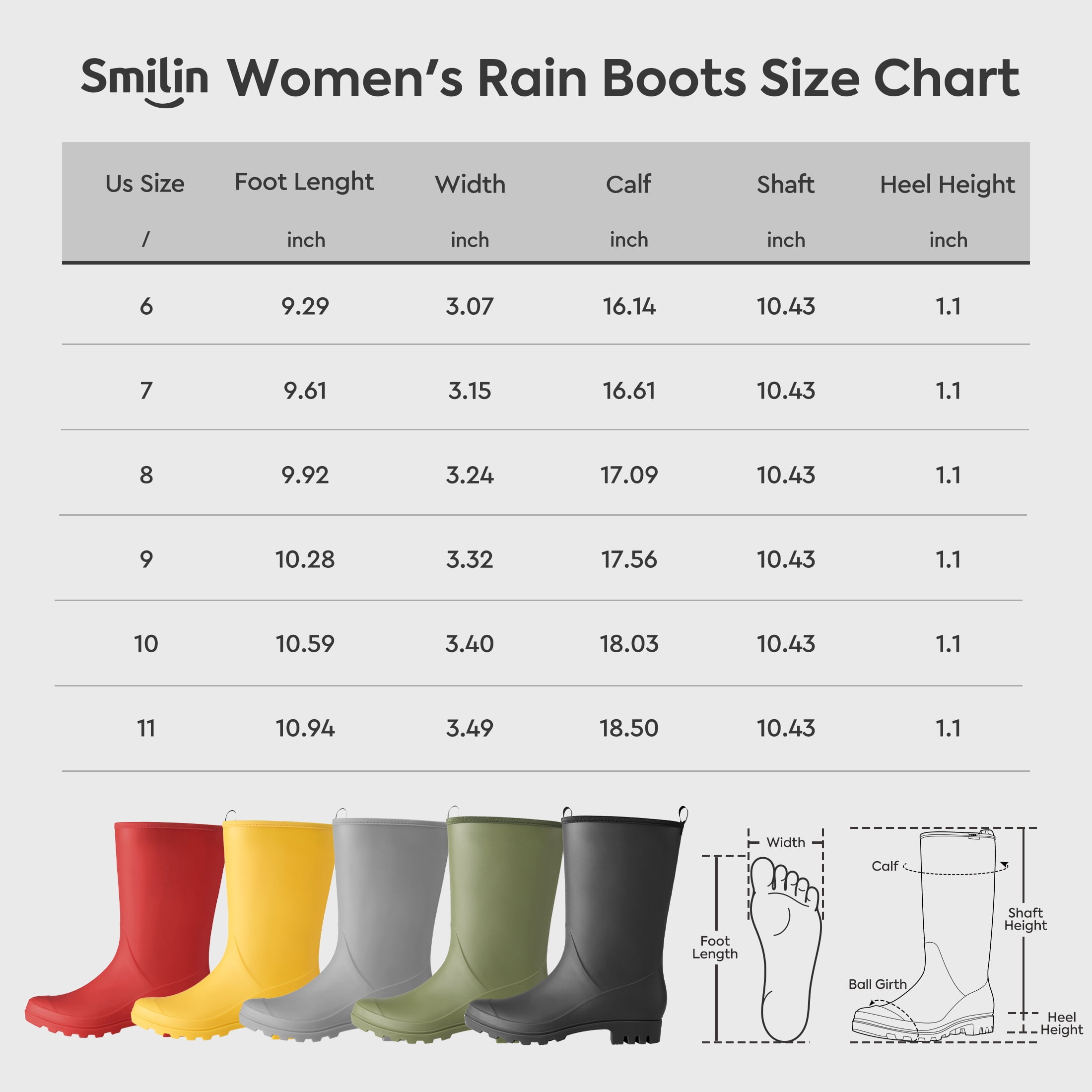 SMILIN Rubber Wide Calf Rain Boots for Women, Grey, Size 9