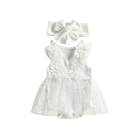 

Sunisery 0-24Months Toddler Baby Girls Casual Romper White Sleeveless 3D Flower Mesh Patchwork Romper with Headband