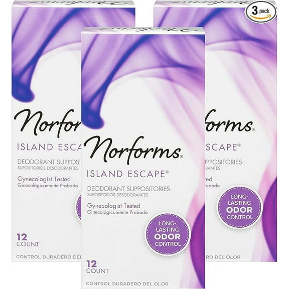 Norforms Feminine Deodorant Suppositories, Long Lasting Odor Control, Tropical Splash Scent, 12 Count Deodorant Suppositories in Each Box (Pack of 3)