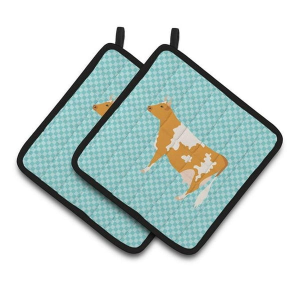 Caroline's Treasures Guernsey Cow Blue Check Pair of Pot Holders