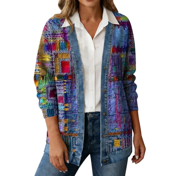 Floleo Women Colorful Geometric Print Denim Trim Open Front Shirt Jacket, Long Sleeve Hoodless Casual Outerwear For Daily Street Matching(Multicolor,S)