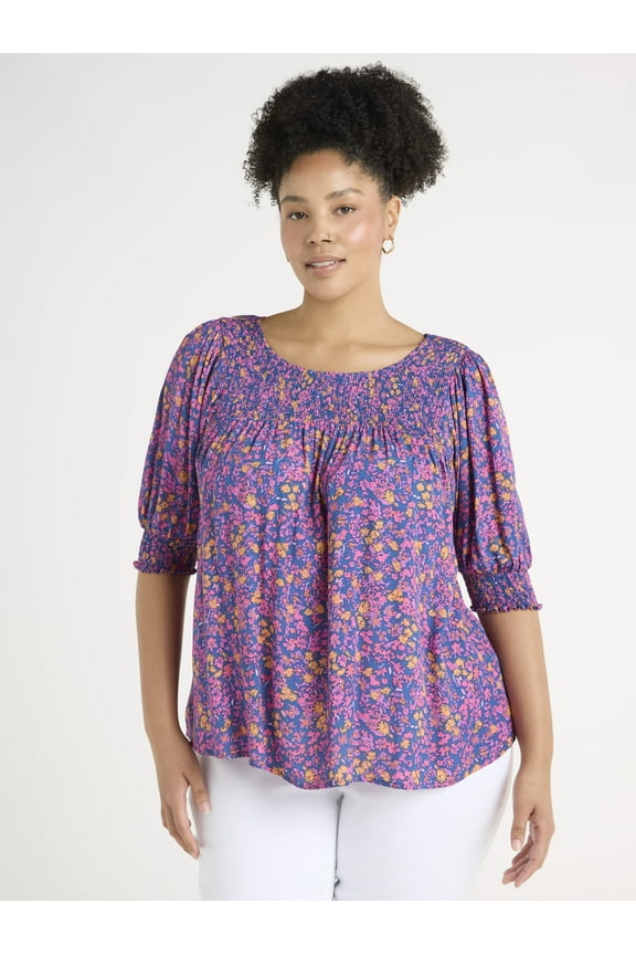 Women’s Plus Size Smocked Blouse with Keyhole Back, Sizes 0X-4X