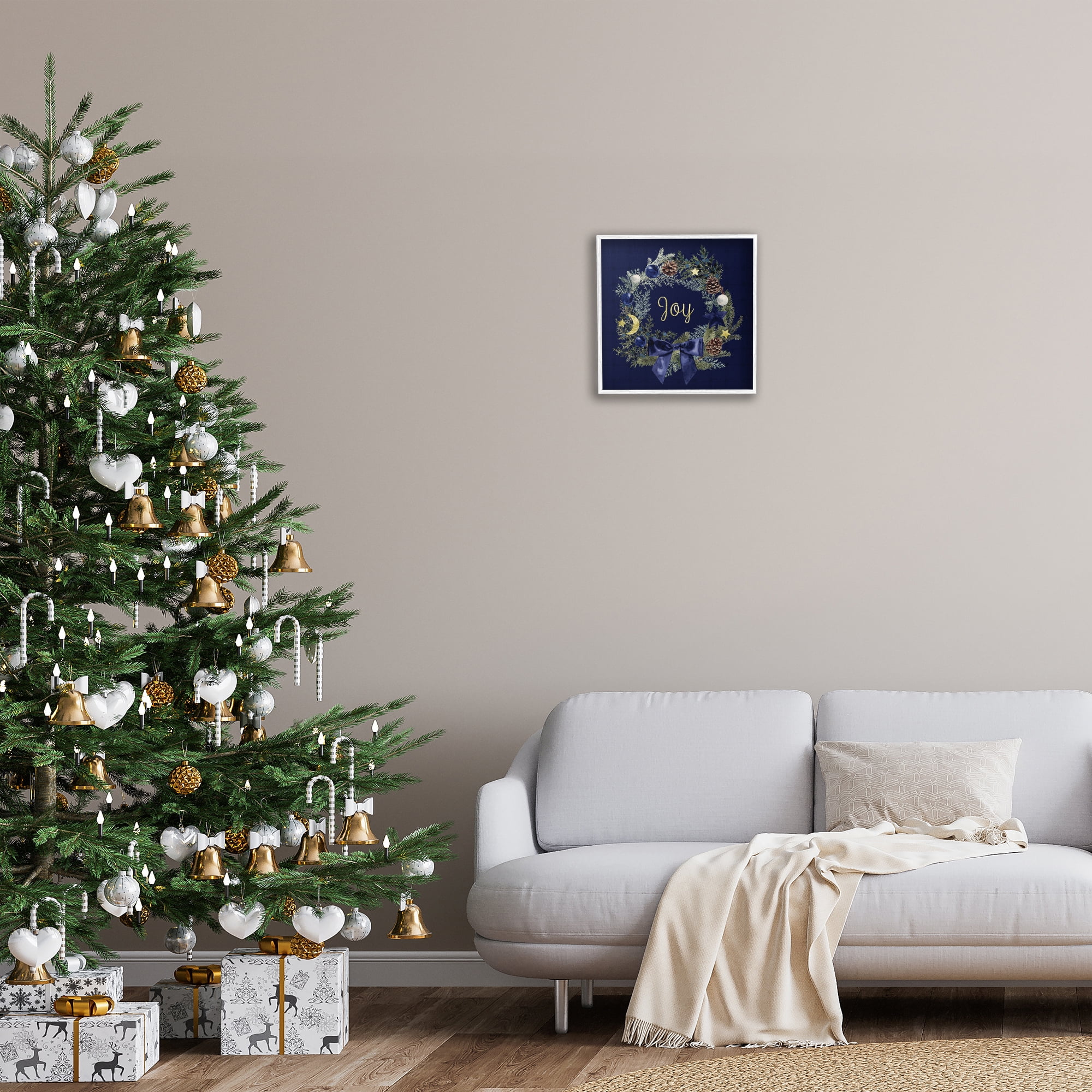 Stupell Industries Joy Holiday Wreath Holiday Painting White Framed Art Print Wall Art, 17 x 17