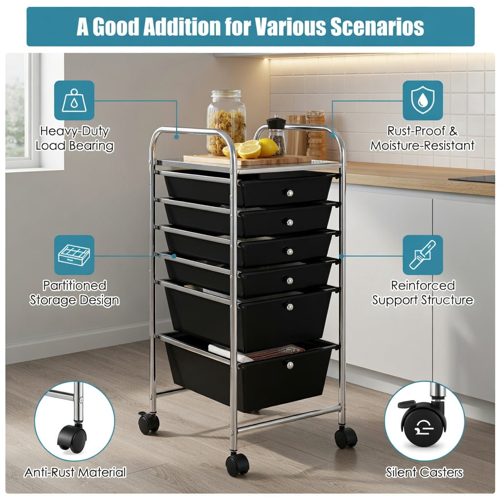 Spaco 6 Drawers Rolling Storage Cart Organizer-Black, Craft Organizers and Storage, Multipurpose Organizer Cart for Home, Office, School
