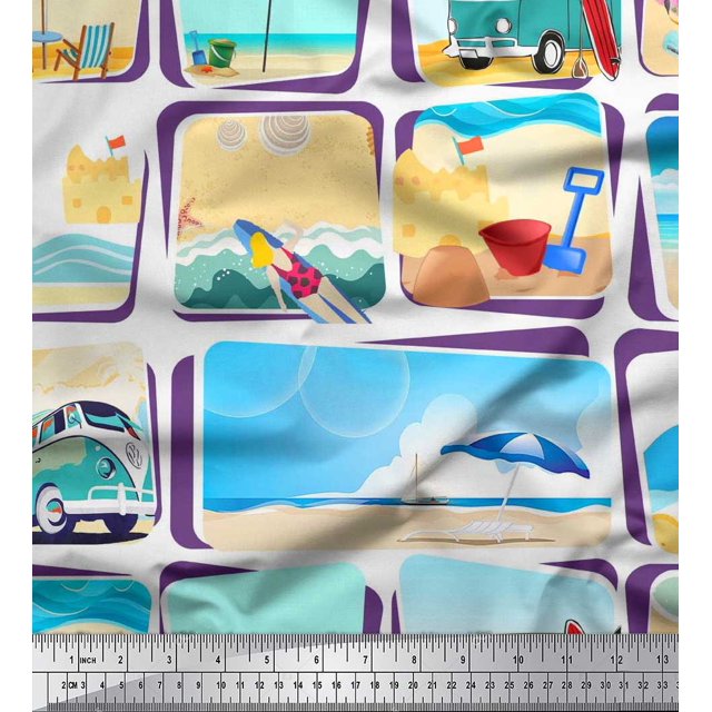 Soimoi Polyester Crepe Fabric Chair,Girl & Beach Surfboard Patchwork Print Fabric by Yard 52 Inch Wide