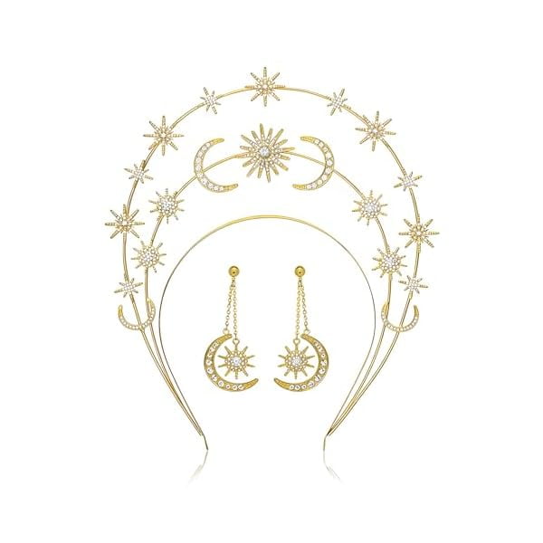 wonima44 Moon Headband, Sun Headband, Moon Crown, Gold Sun Star Goddess Costume Celestial Headpiece Costume Accessories for Women, Jewelry Headpiece Cosplay Party Wedding Accessories
