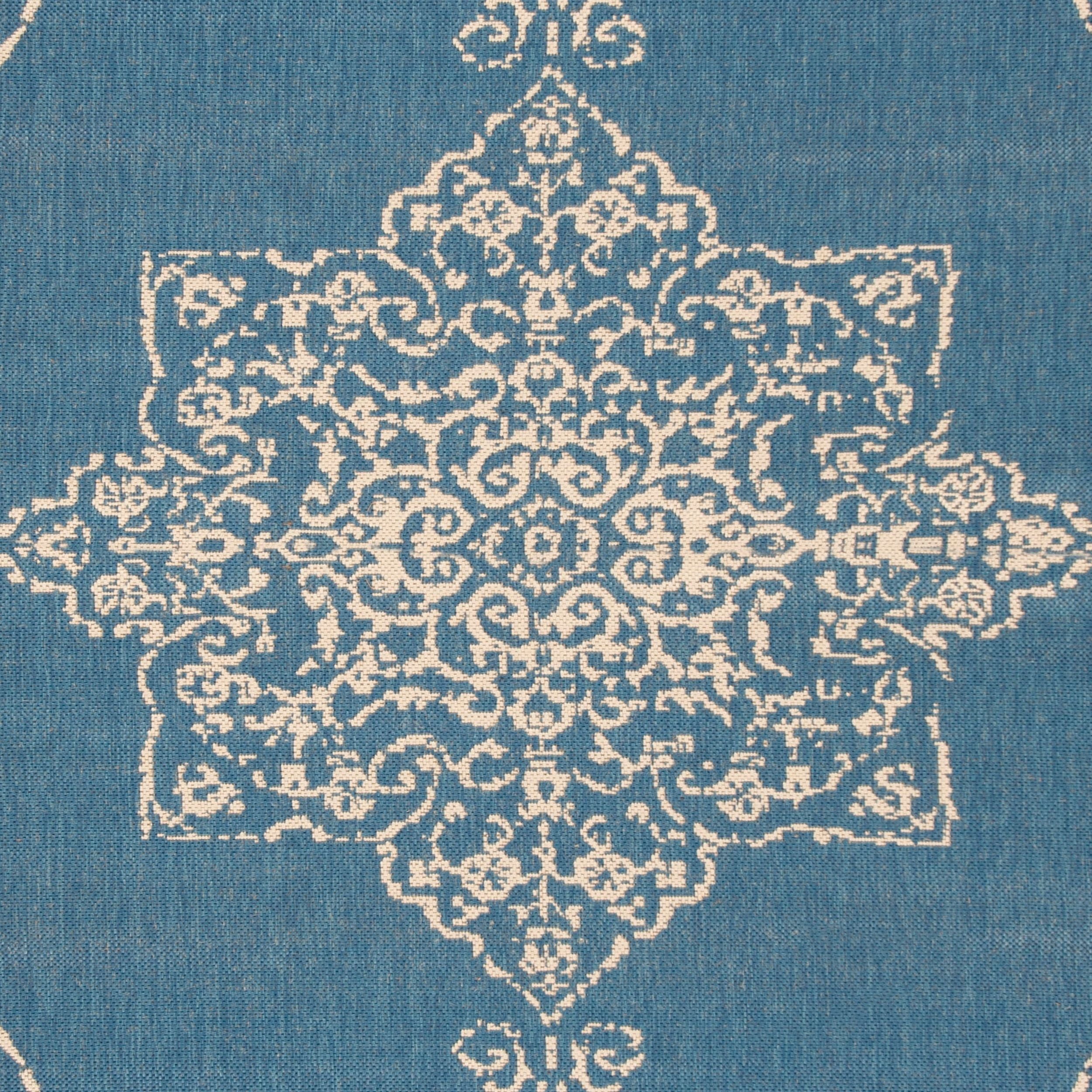 SAFAVIEH Beach House Janine Medallion Indoor/Outdoor Area Rug, Cream/Blue, 6'7" x 6'7" Round