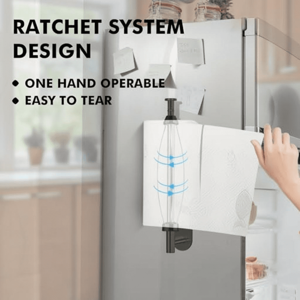 One Hand Operated Magnetic Paper Towel Holder with Self Adhesive & Strong Magnetic Backing for Kitchen, Refrigerator, Grill, RV - Easy Wall Mount, Black