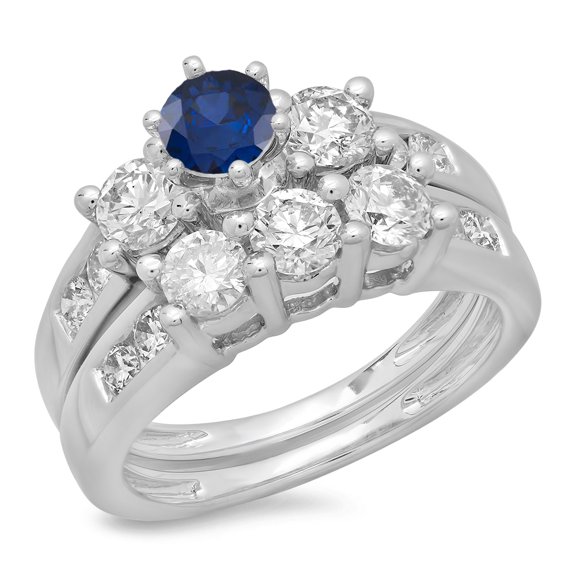 Dazzlingrock Collection 14K Round Blue Sapphire & White Diamond Ladies Bridal 3 Stone Engagement Ring Set, White Gold, Size 6.5