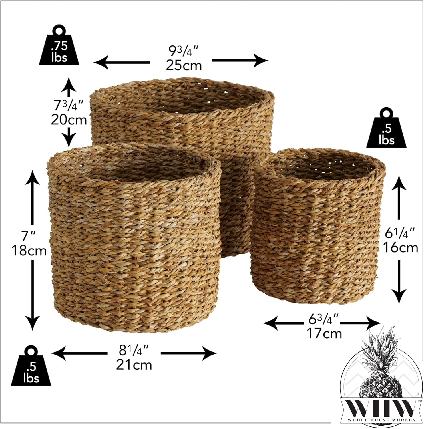 Wicker Plant Baskets, Round, Chunky Sweater Weave, Set of 3, Natural