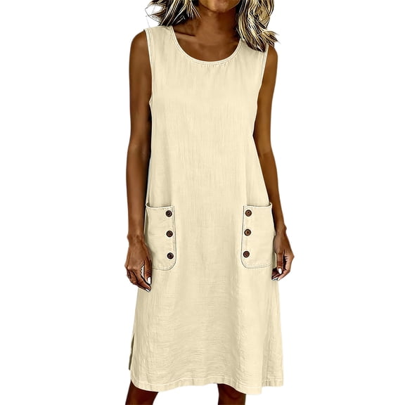 MaFYtyTPR Women's Summer Casual Dress Round Neck Side Pockets Oversized Fit Decorative Buttons Linen Cotton Casual Dresses A-Beige L