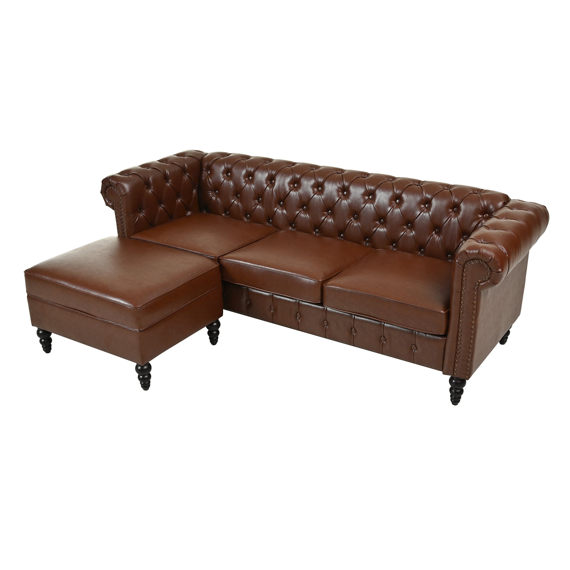 Chesterfield L-Shaped Sectional Sofa with Storage Ottoman, PU Leather 4-Seater Modular Couch with Tufted Back & Nailhead Trim