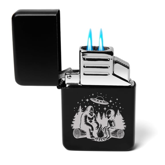 Dual Flame Torch Lighter Bigfoot Alien UFO Campfire Funny (Black)