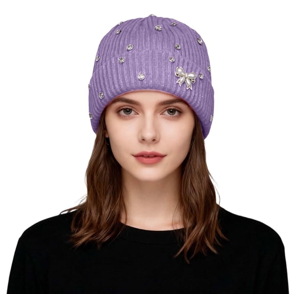 Bibifish Womens Knit Beanie Hat With Rhinestone & Bow Decoration Shiny Stretchy Soft Beanie Midweight Breathable Fall Daily Wear Stylish Trendy Hats