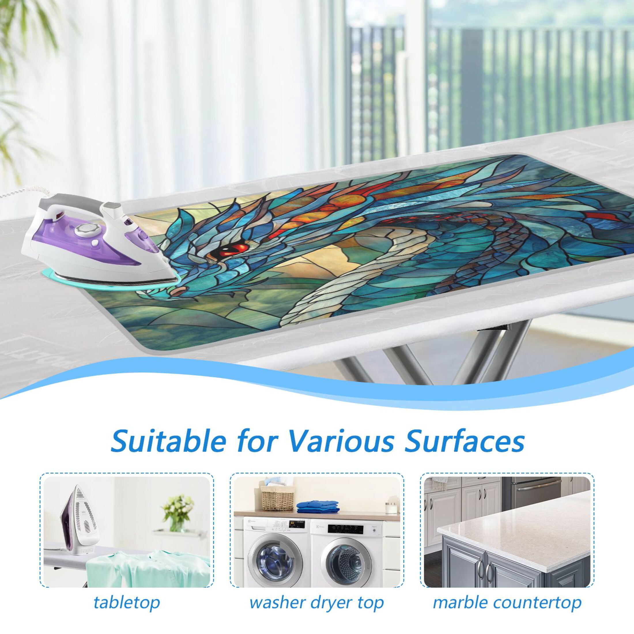 Ironing Mat Portable Ironing Blanket for Table Top Travel Ironing Pad for Washer Dryer 27.6" x 47.2" Stained Glass Dragon