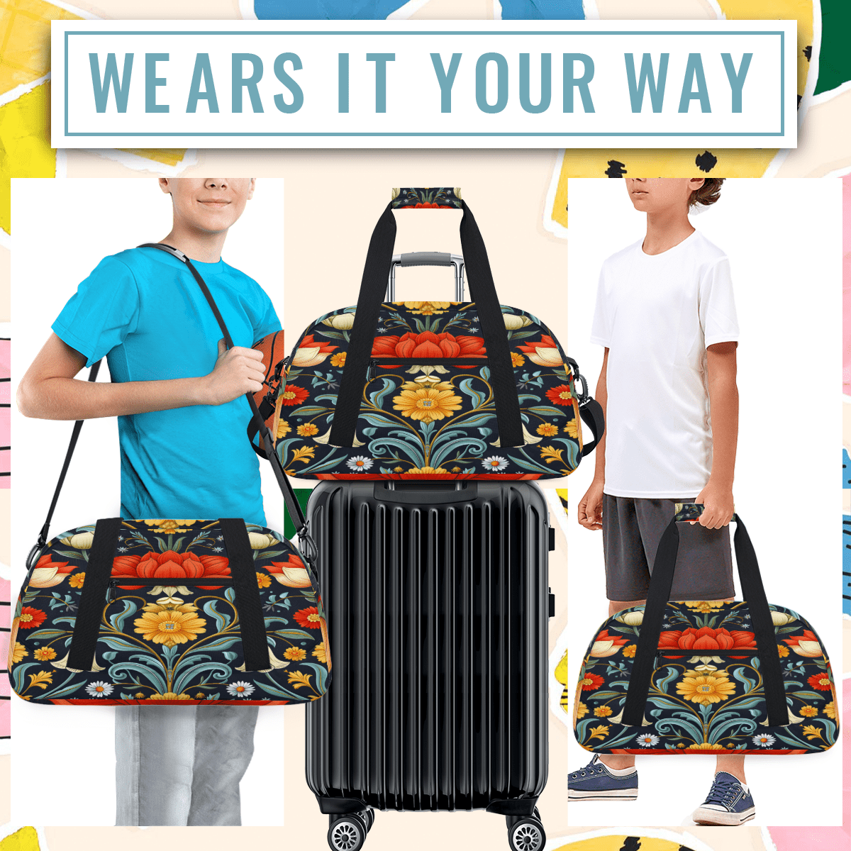 Herdesigns Retro Floral Sports Duffle Bag for Women & Men, Vintage Boho Flower Gym Bag Dance Bag Overnight Bag Carry On Weekender Travel Bag