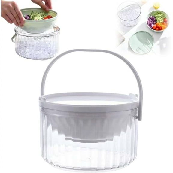 Large Salad Bowl with Ice Chiller,Base and Lid Salad Bowl,Serving Bowl,Ice Chilled Fresh Keeping Vegetable Serving Platter Veggie Fruit Tray with Lid for Food Buffet Party