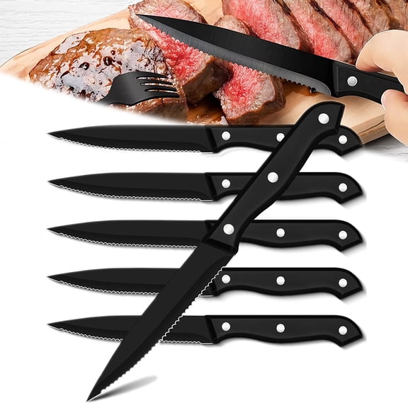 6-Piece Black Steak Knives Hight Carbon Stainless Steel Bread Meat Cutting Dishwasher Safe Kitchen Dinner Cutlery Set