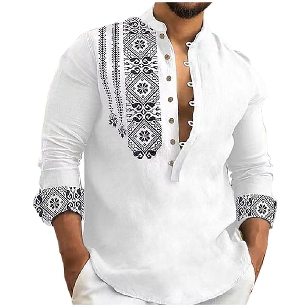 Blusas y camisas de manga larga con cuello en V, chaqueta de algodón y lino para hombre, camisa de manga larga estampada, cárdigan con botones, blusa para hombre
