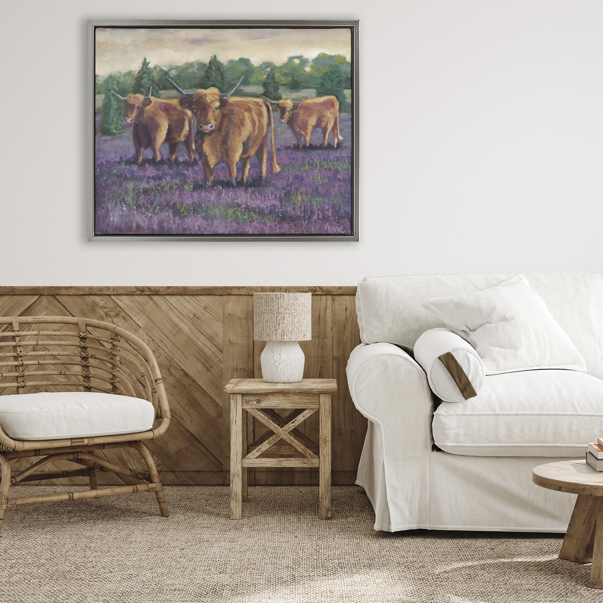 Purple Fields & Cows Gray Framed Floater Canvas Wall Art, design by Marnie Bourque