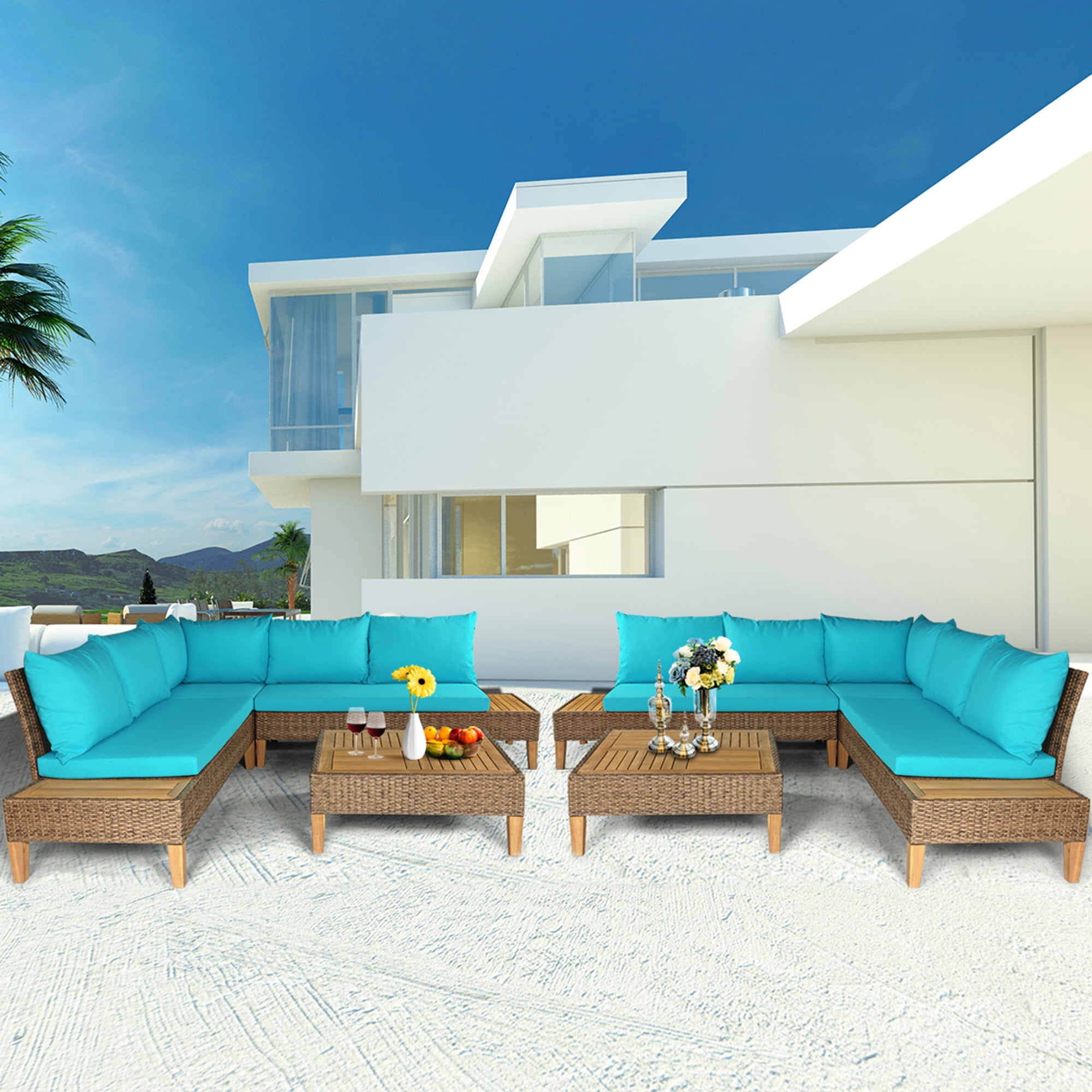 Gymax 8PCS Rattan Patio Sofa Set Outdoor Furniture Set w/ Turquoise
