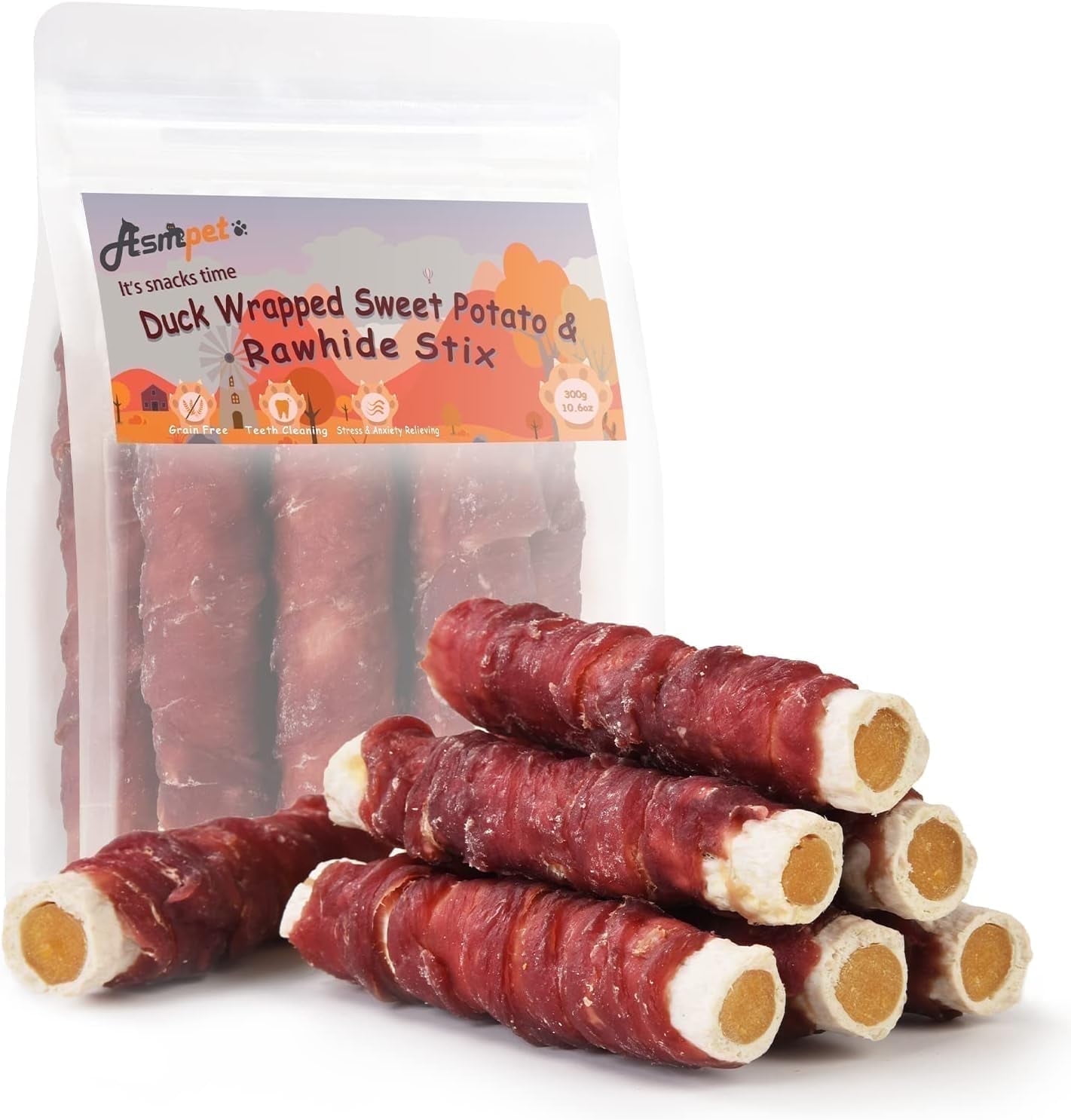 (2 pack) ASMPET Dog Treats Duck Wrapped Rawhide Sweet Potato Stick, Long Lasting Dog Bone, Teeth Cleaning for Medium Large Dogs, 10.6oz