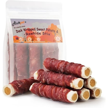 ASMPET Dog Treats Duck Wrapped Rawhide Sweet Potato Stick Long Lasting Dog Bone Teeth Cleaning for Medium Large Dogs 10.6oz