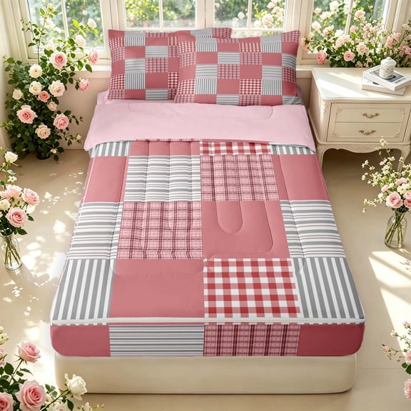 Manfei Modern Checkered Zipper Twin Comforter Sets with Fitted Sheet and 2 Pillowcases,Geometric Check Zipper Bedding Set,Pink White,Pink Reversible,4pcs