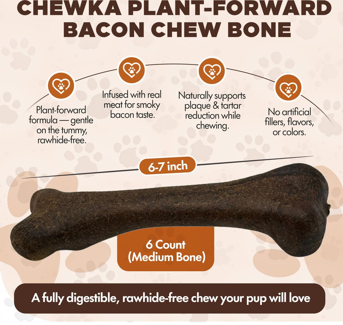 Scoochie Pet Chewka Bacon Flavored Plant-Forward Fully Digestible Dog Chew Bone, Medium, 6CT