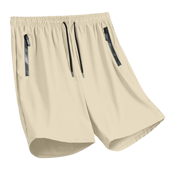 YLSDY Men's Solid Zipper Pocket Quick Dry Shorts, Drawstring Elastic Waist, Lightweight Sports Shorts Khaki XL
